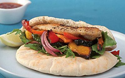 Danny’s Pita bread stuffed with fried fish and roasted vegetables